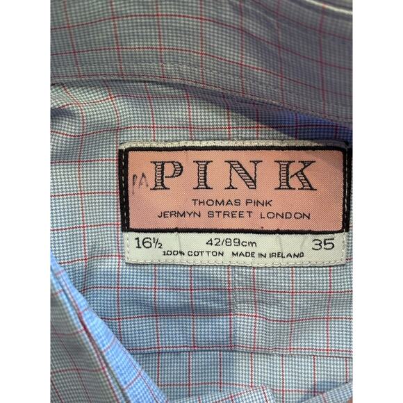 Thomas Pink Blue Check French Cuff 16.5 35 Made In England Point Collar 42/89cm - Picture 8 of 8